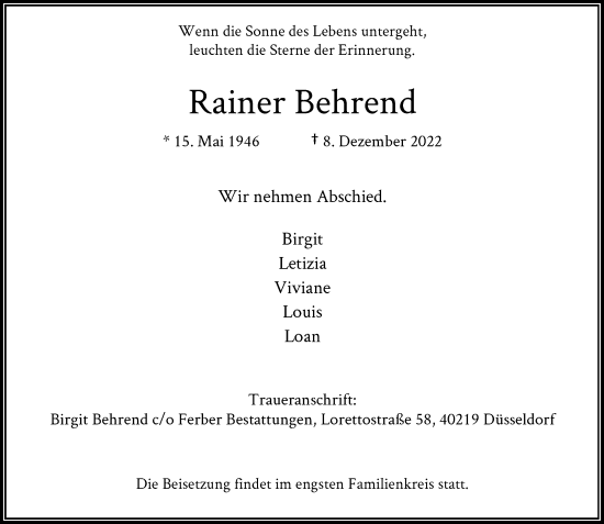 Traueranzeige von Rainer Behrend von Rheinische Post