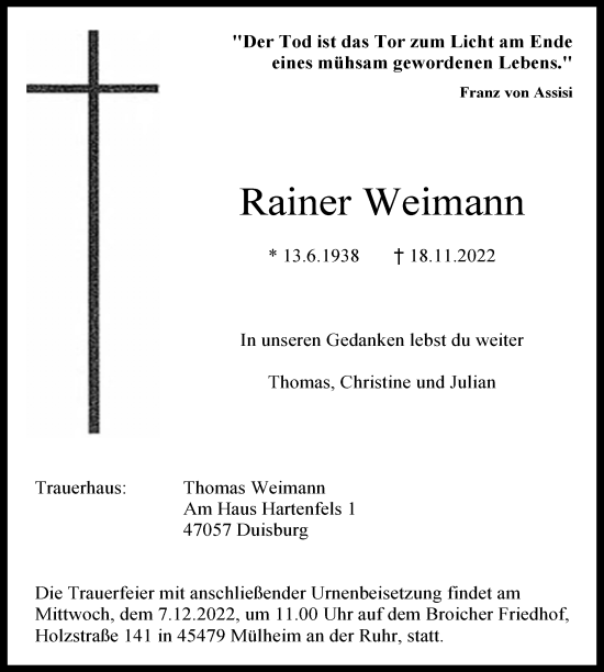 Traueranzeige von Rainer Weimann von Rheinische Post