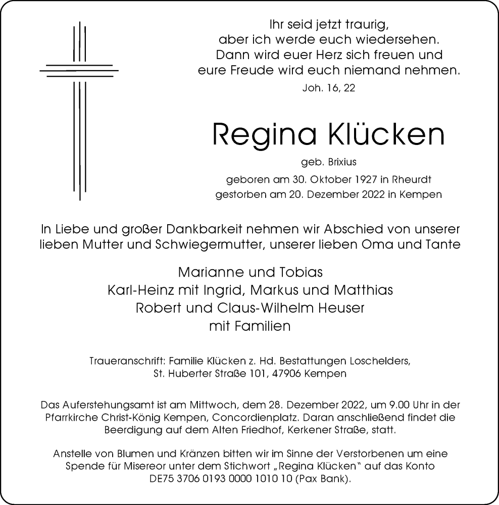  Traueranzeige für Regina Klücken vom 24.12.2022 aus Rheinische Post