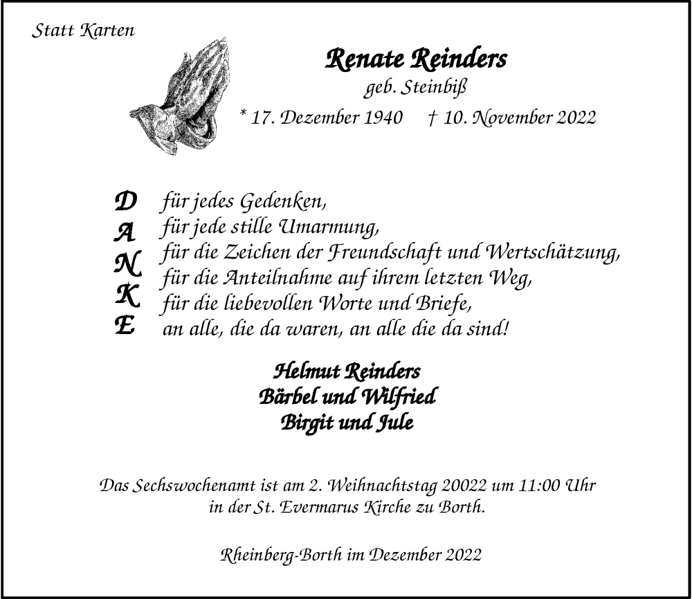  Traueranzeige für Renate Reinders vom 17.12.2022 aus Rheinische Post