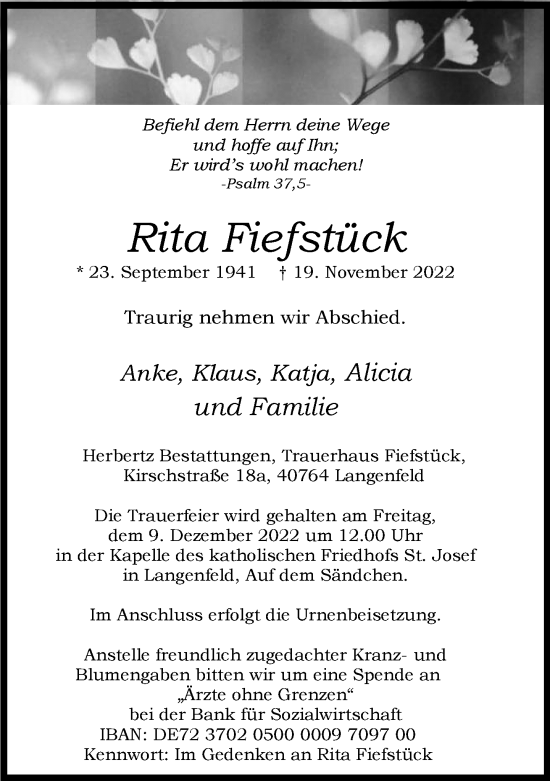 Traueranzeige von Rita Fiefstück von Rheinische Post