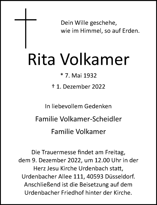 Traueranzeige von Rita Volkamer von Rheinische Post