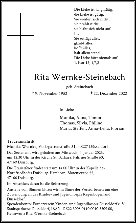 Traueranzeige von Rita Wernke-Steinebach von Rheinische Post