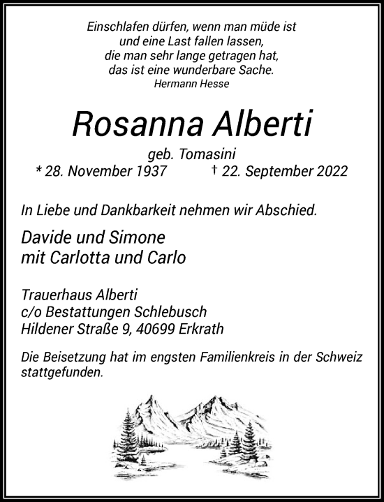 Traueranzeige von Rosanna Alberti von Rheinische Post