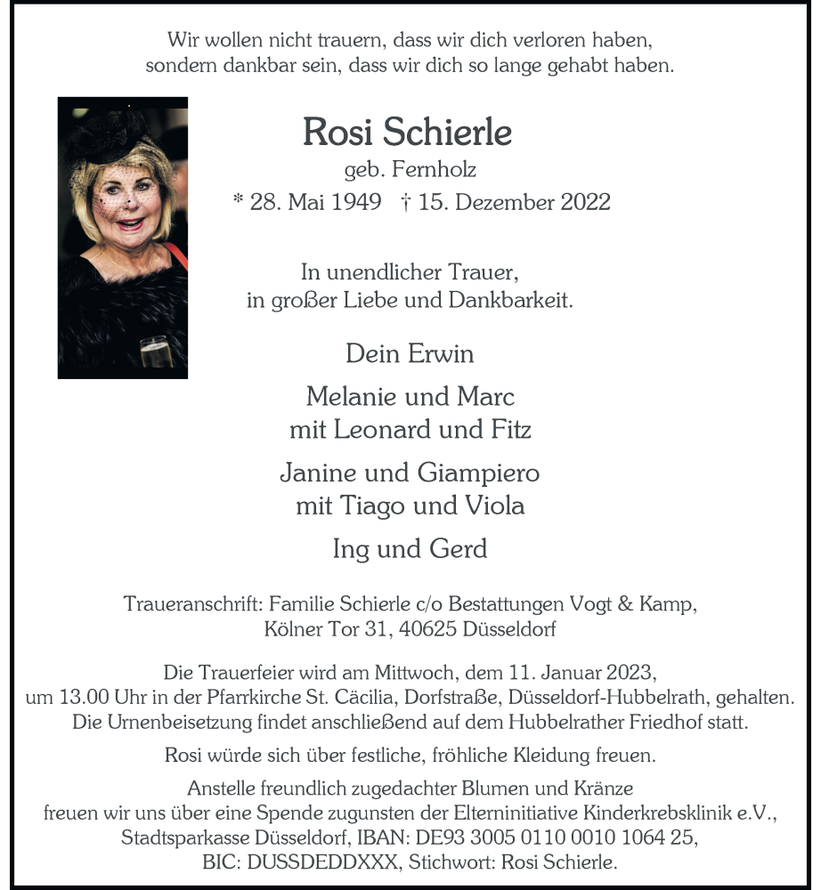  Traueranzeige für Rosi Schierle vom 31.12.2022 aus Rheinische Post