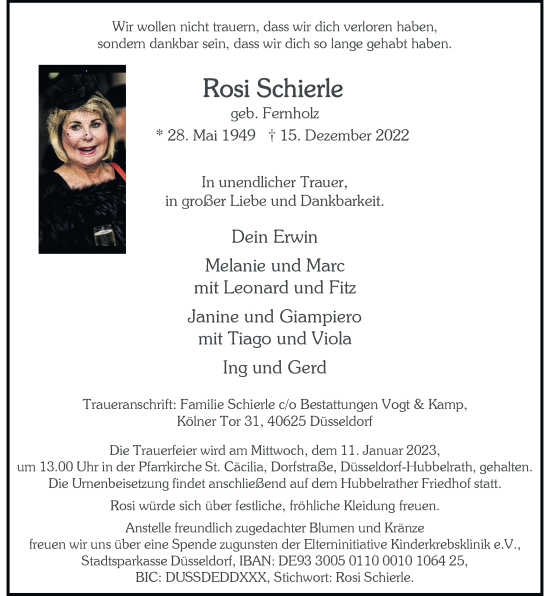 Traueranzeige von Rosi Schierle von Rheinische Post