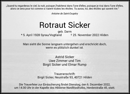 Traueranzeige von Rotraut Sicker von Rheinische Post