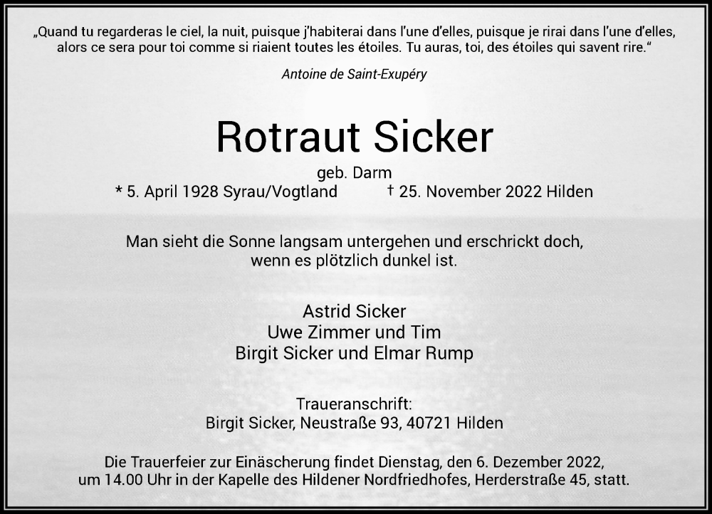  Traueranzeige für Rotraut Sicker vom 03.12.2022 aus Rheinische Post