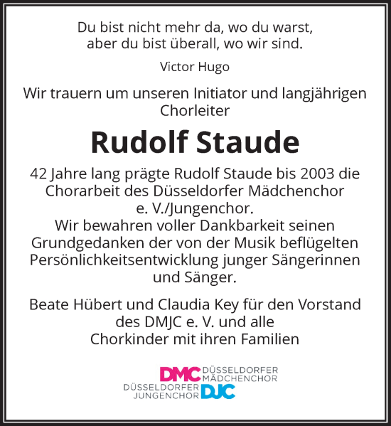 Traueranzeige von Rudolf Staude von Rheinische Post