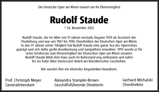 Traueranzeige von Rudolf Staude von Rheinische Post
