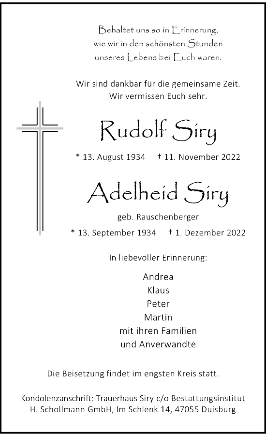 Traueranzeige von Rudolf und Adelheid Siry von Rheinische Post