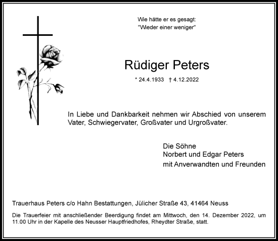 Traueranzeige von Rüdiger Peters von Rheinische Post