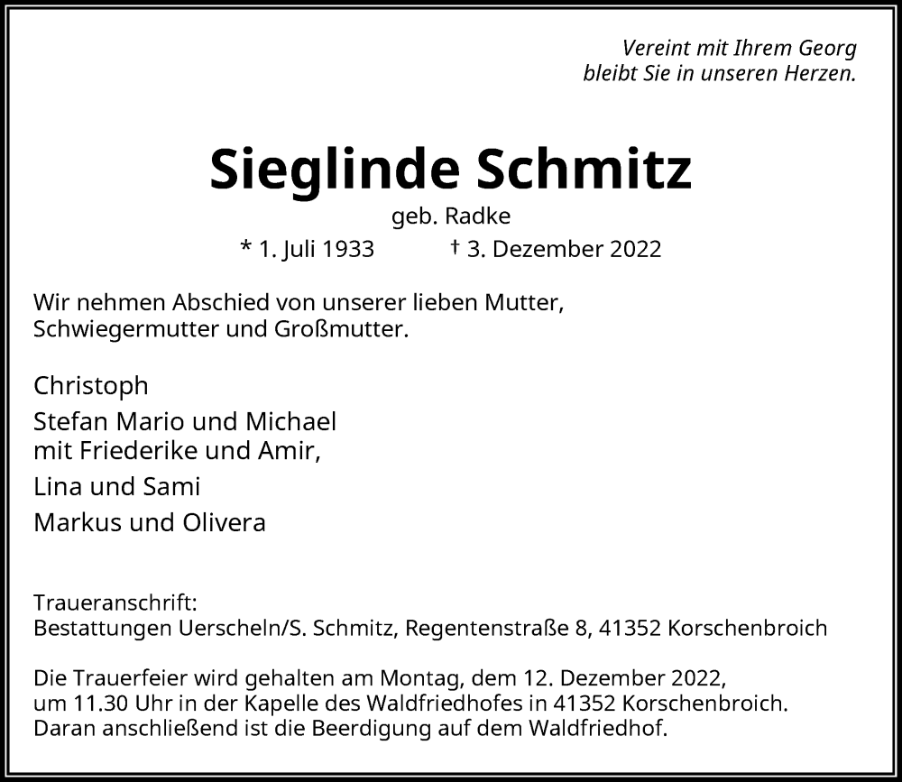  Traueranzeige für Sieglinde Schmitz vom 10.12.2022 aus Rheinische Post