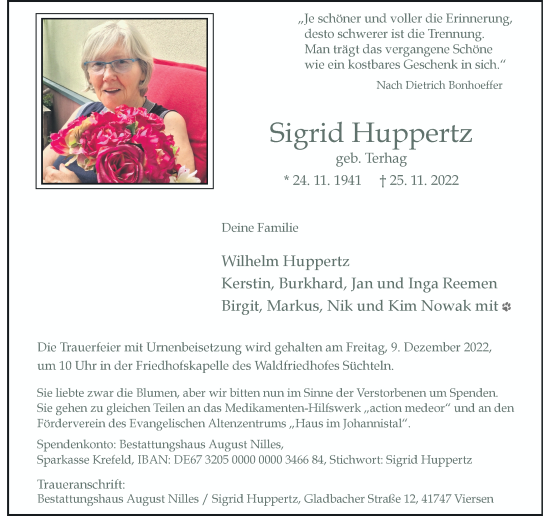 Traueranzeige von Sigrid Huppertz von Rheinische Post