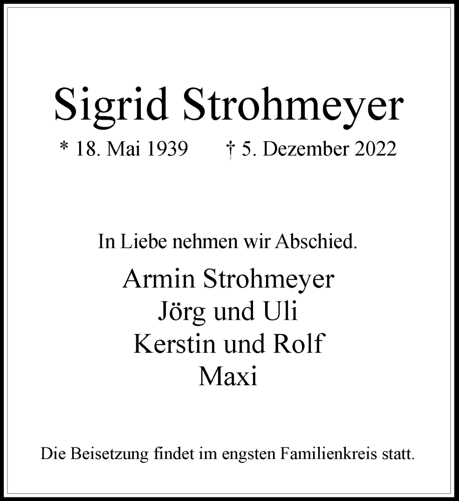  Traueranzeige für Sigrid Strohmeyer vom 10.12.2022 aus Rheinische Post