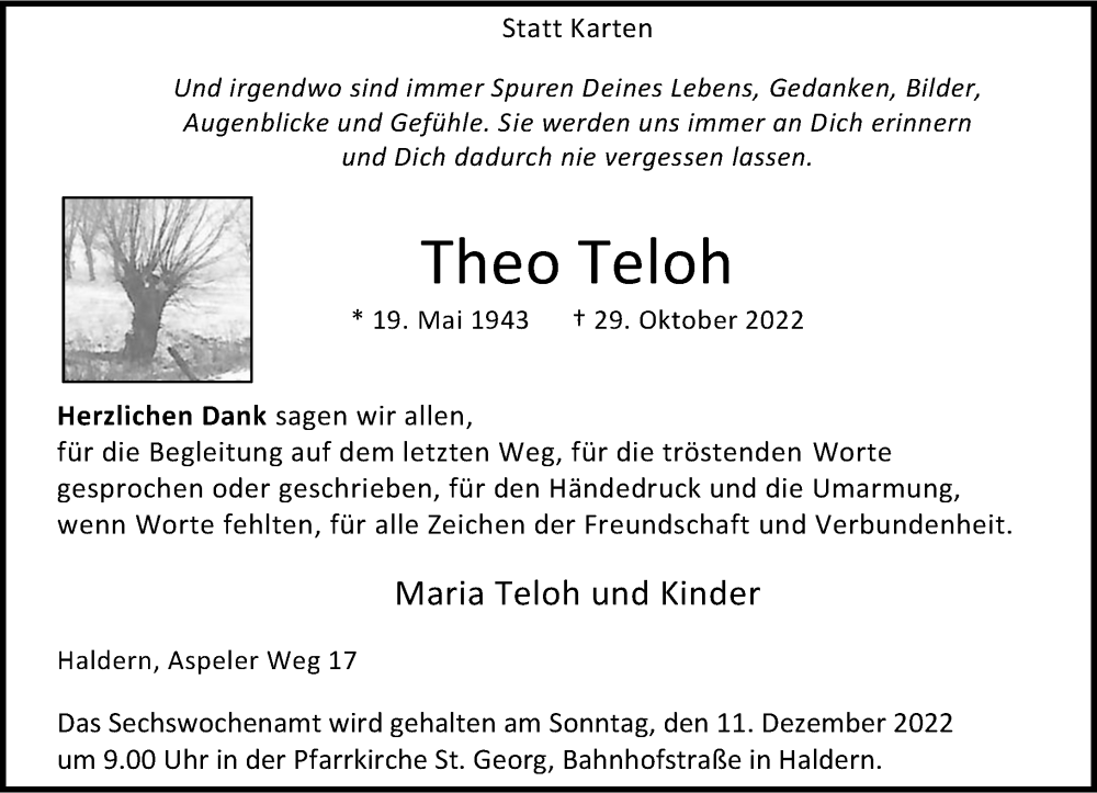  Traueranzeige für Theo Teloh vom 05.12.2022 aus Rheinische Post