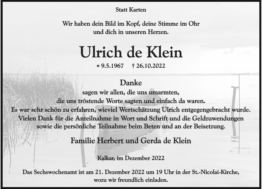  Traueranzeige für Ulrich de Klein vom 14.12.2022 aus Rheinische Post