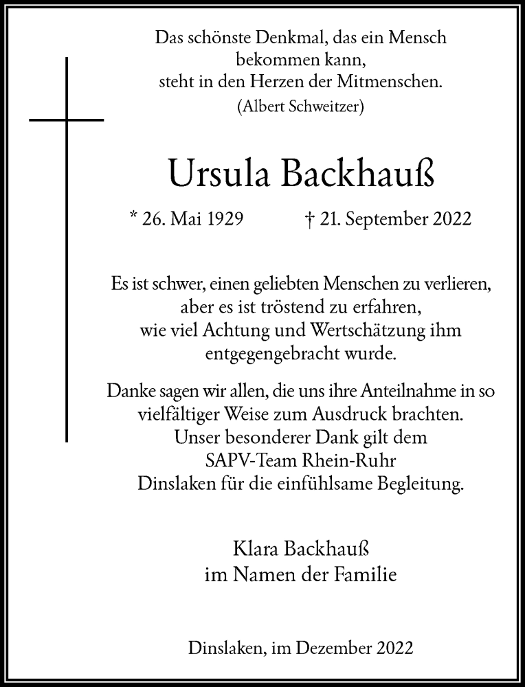  Traueranzeige für Ursula Backhauß vom 03.12.2022 aus Rheinische Post