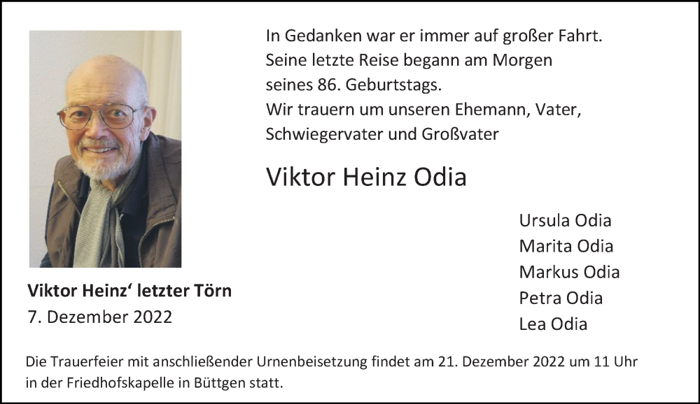  Traueranzeige für Viktor Heinz Odia vom 17.12.2022 aus Rheinische Post