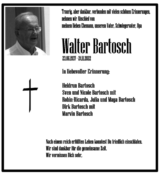 Traueranzeige von Walter Bartosch von Rheinische Post
