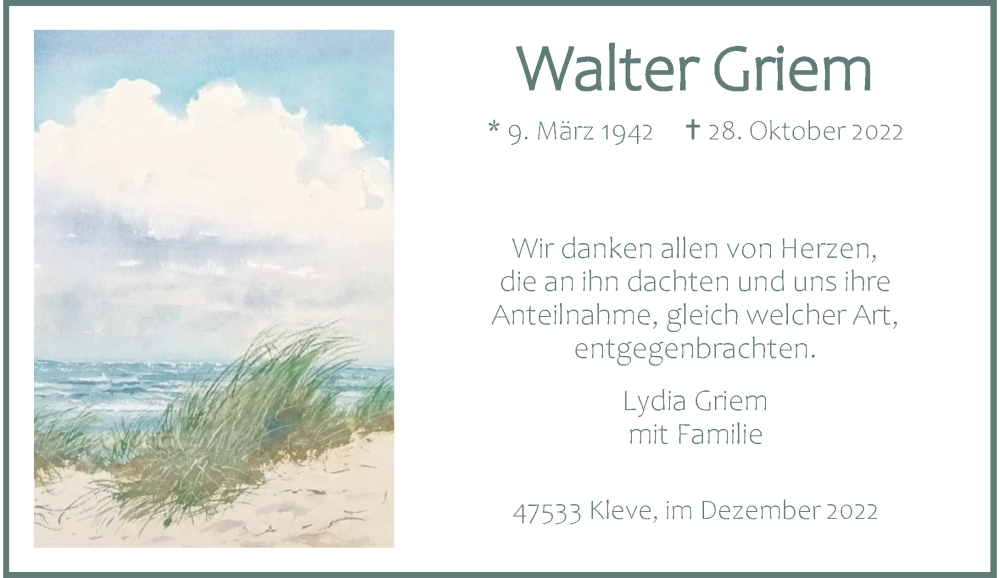  Traueranzeige für Walter Griem vom 10.12.2022 aus Rheinische Post