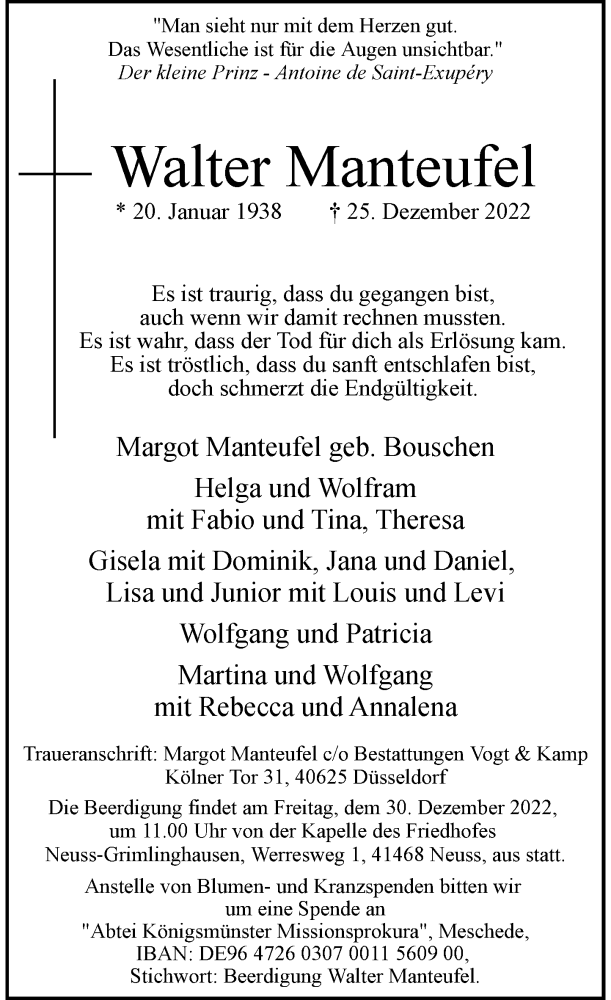  Traueranzeige für Walter Manteufel vom 28.12.2022 aus Rheinische Post