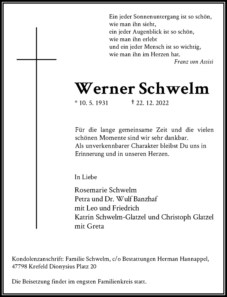  Traueranzeige für Werner Schwelm vom 31.12.2022 aus Rheinische Post