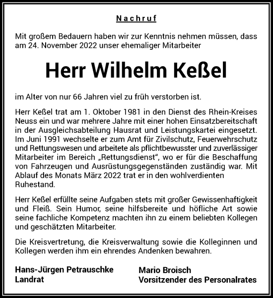 Traueranzeige von Wilhelm Keßel von Rheinische Post