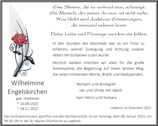 Traueranzeige von Wilhelmine Engelskirchen von Rheinische Post