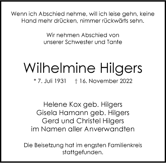 Traueranzeige von Wilhelmine Hilgers von Rheinische Post