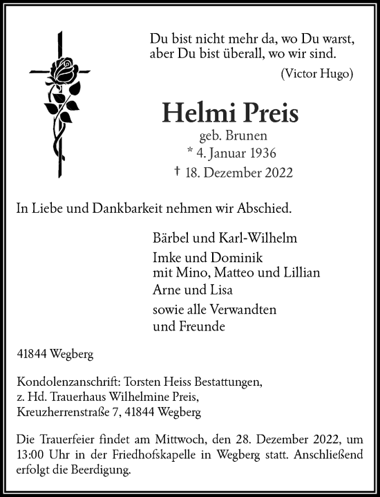 Traueranzeige von Wilhelmine Preis von Rheinische Post