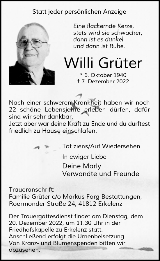 Traueranzeige von Willi Grüter von Rheinische Post