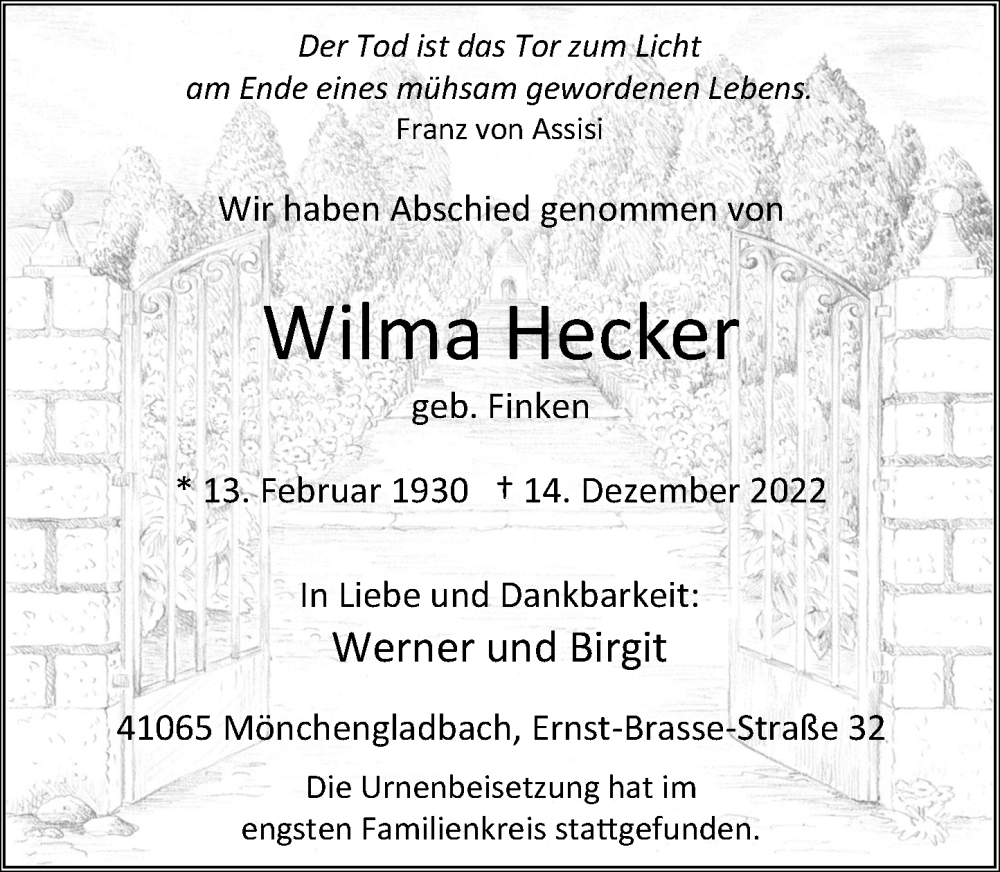  Traueranzeige für Wilma Hecker vom 31.12.2022 aus Rheinische Post