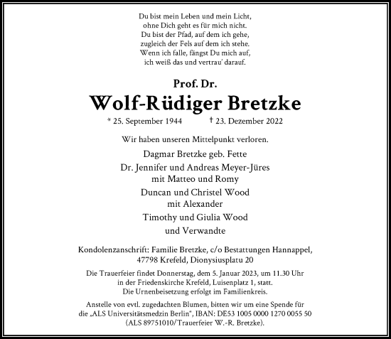 Traueranzeige von Wolf-Rüdiger Bretzke von Rheinische Post