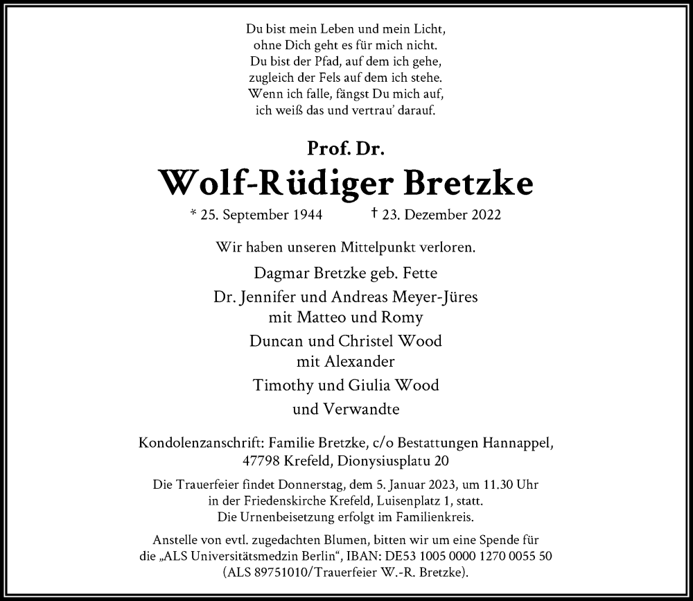  Traueranzeige für Wolf-Rüdiger Bretzke vom 31.12.2022 aus Rheinische Post