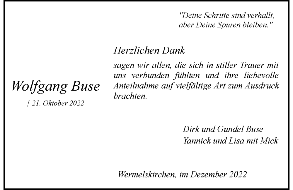  Traueranzeige für Wolfgang Buse vom 17.12.2022 aus Rheinische Post