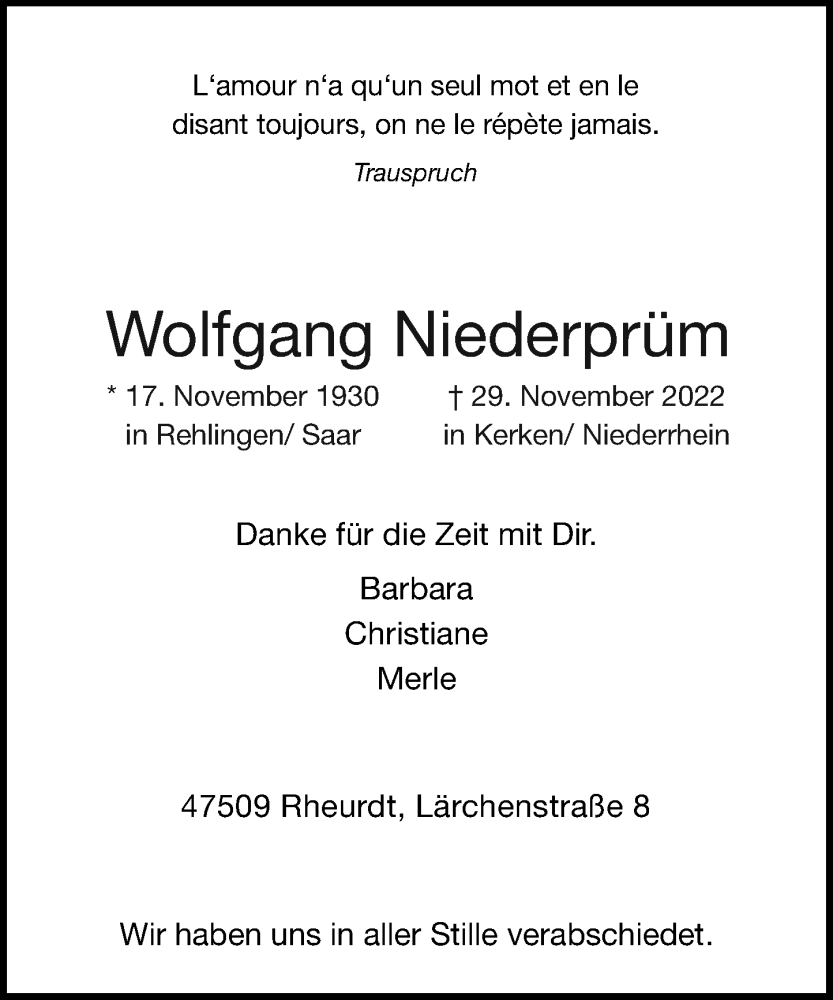 Traueranzeige für Wolfgang Niederprüm vom 10.12.2022 aus Rheinische Post