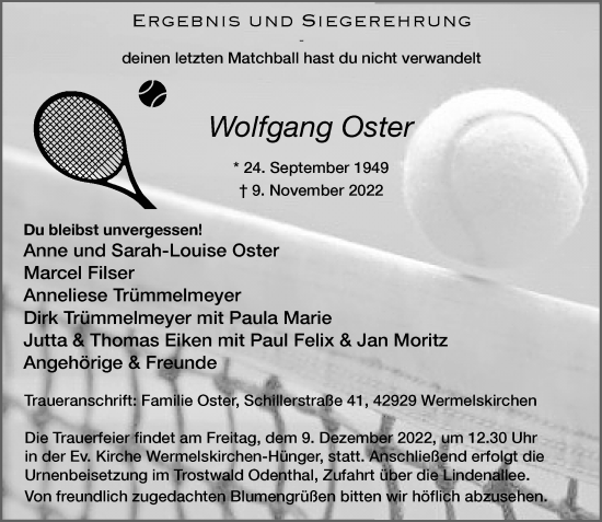 Traueranzeige von Wolfgang Oster von Rheinische Post