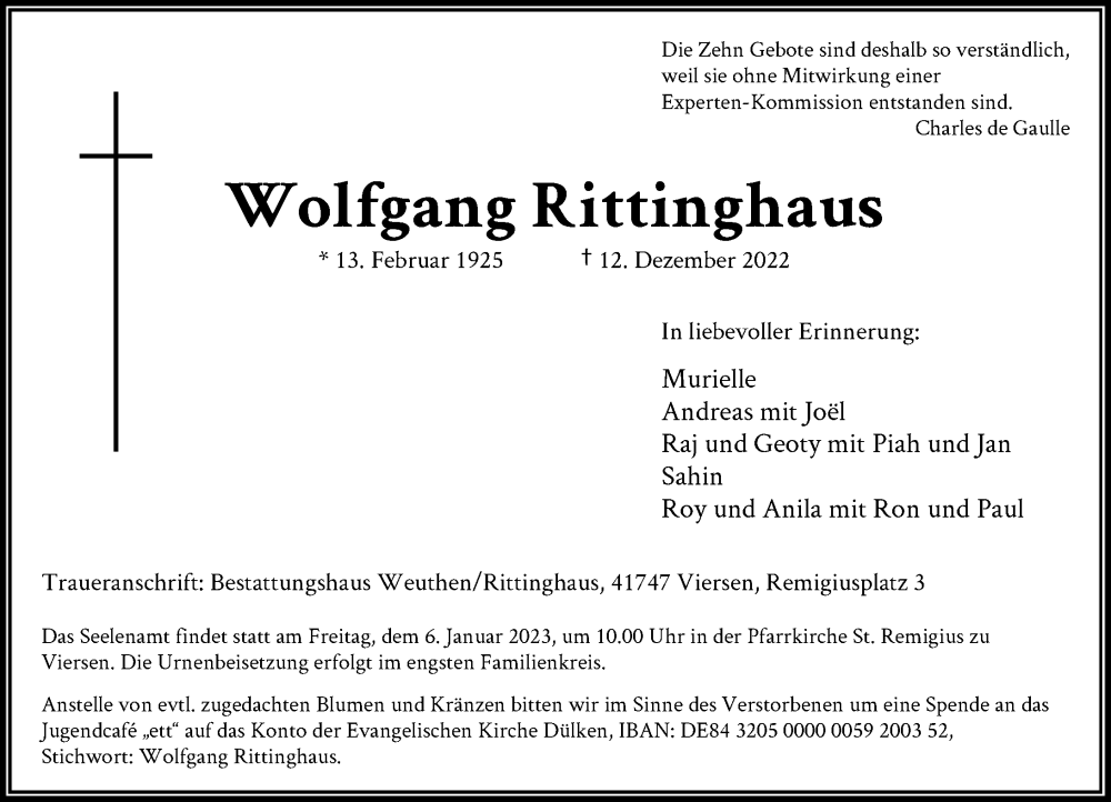  Traueranzeige für Wolfgang Rittinghaus vom 31.12.2022 aus Rheinische Post