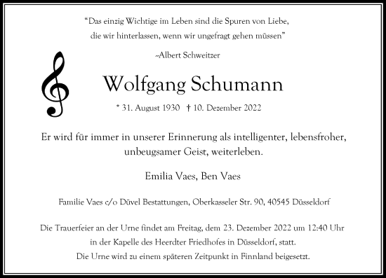 Traueranzeige von Wolfgang Schumann von Rheinische Post
