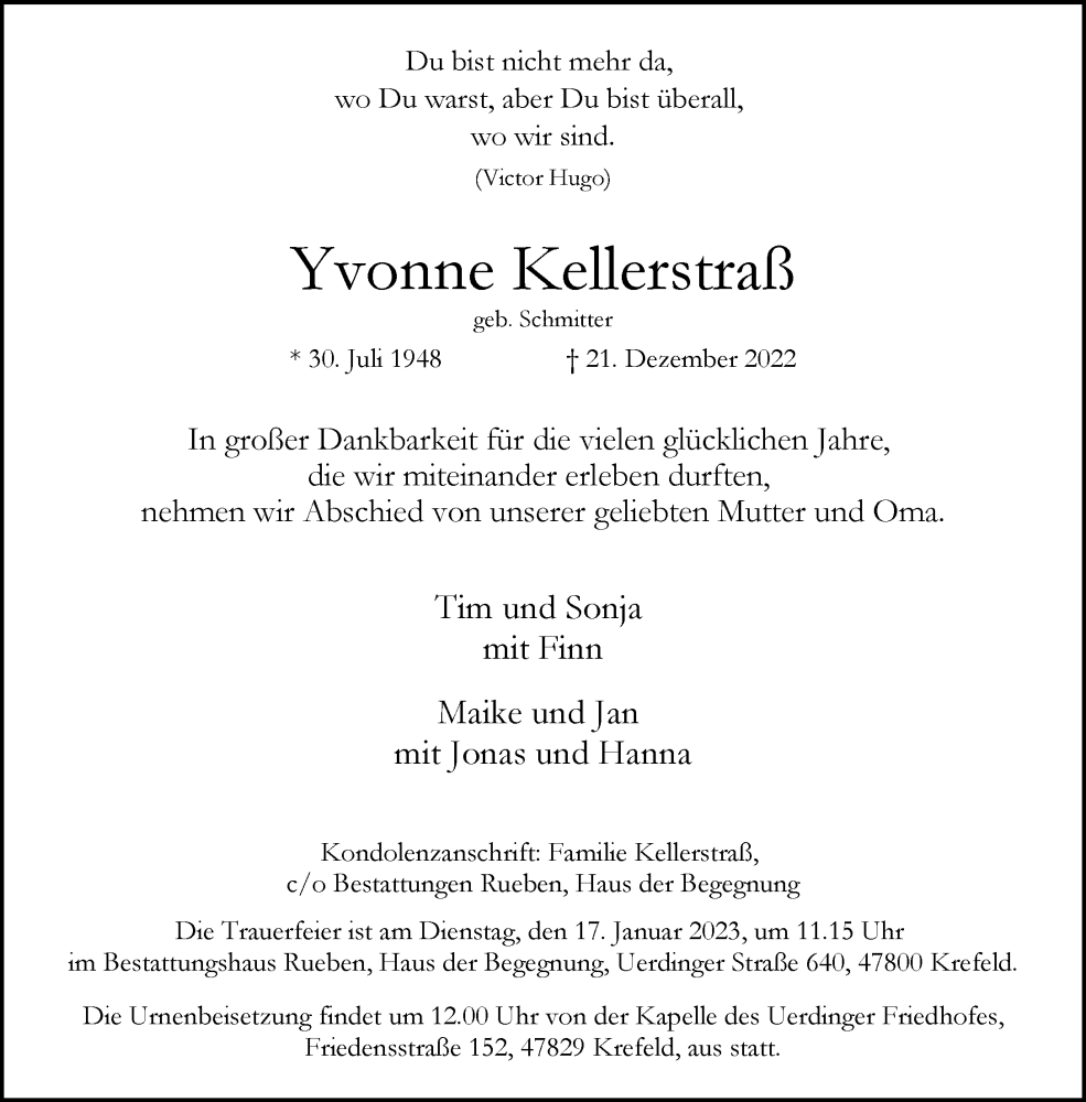  Traueranzeige für Yvonne Kellerstraß vom 07.01.2023 aus Rheinische Post
