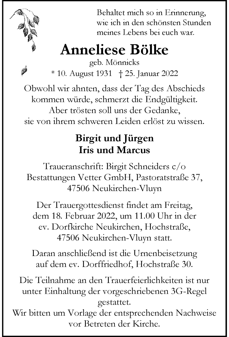  Traueranzeige für Anneliese Bölke vom 12.02.2022 aus Rheinische Post