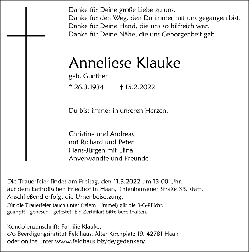  Traueranzeige für Anneliese Klauke vom 05.03.2022 aus Rheinische Post