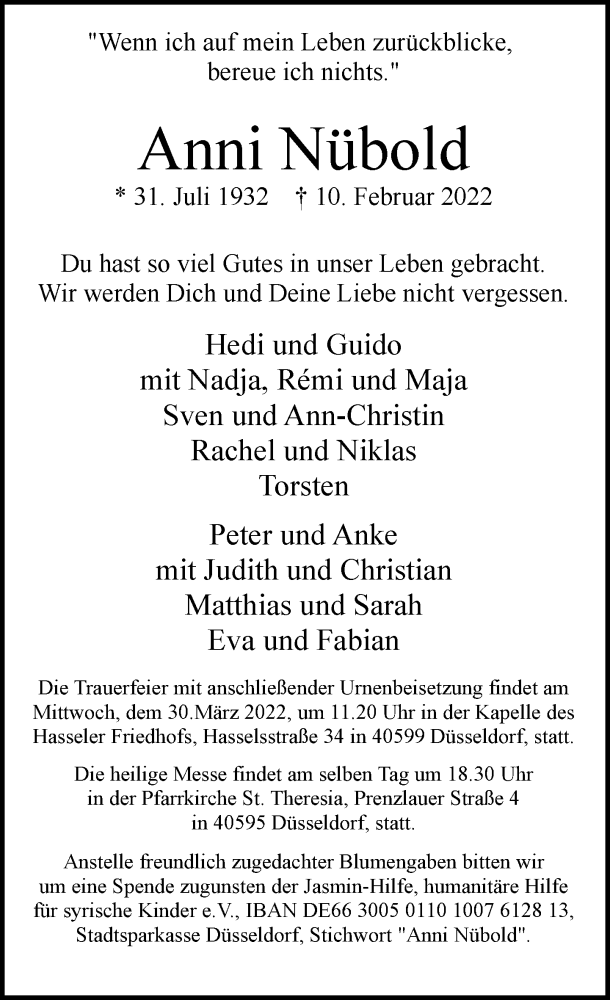  Traueranzeige für Anni Nübold vom 26.02.2022 aus Rheinische Post