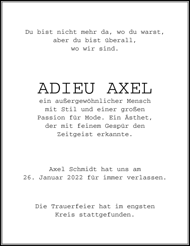  Traueranzeige für Axel  vom 05.02.2022 aus Rheinische Post