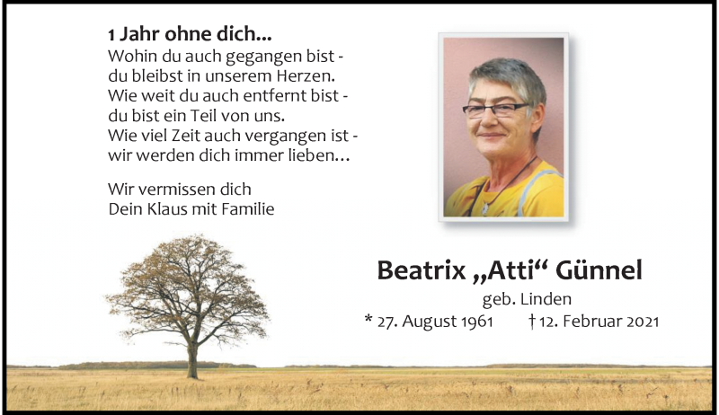  Traueranzeige für Beatrix Günnel vom 12.02.2022 aus Rheinische Post