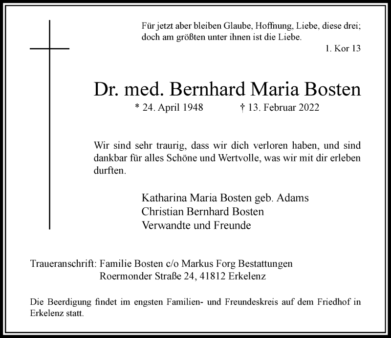  Traueranzeige für Bernhard Maria Bosten vom 19.02.2022 aus Rheinische Post