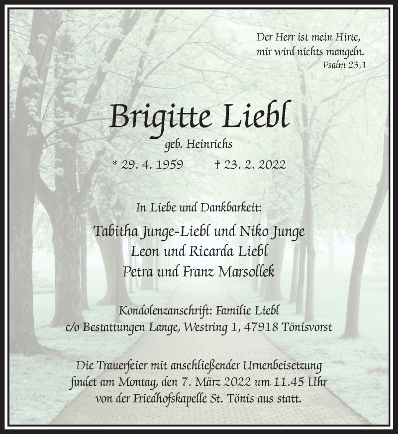  Traueranzeige für Brigitte Liebl vom 26.02.2022 aus Rheinische Post