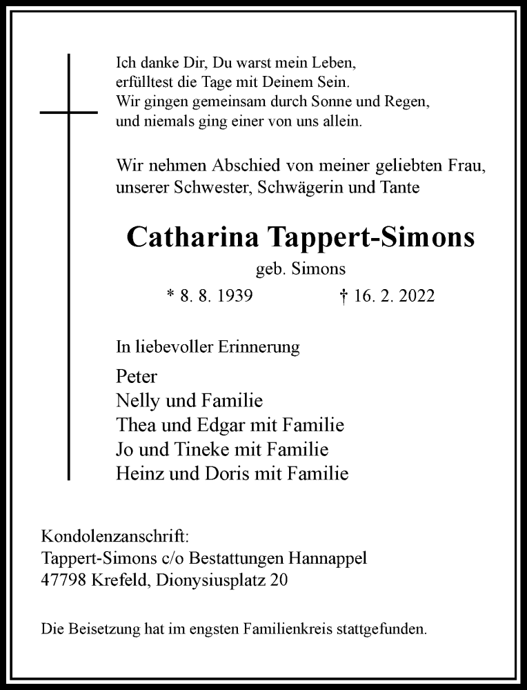  Traueranzeige für Catharina Tappert-Simons vom 26.02.2022 aus Rheinische Post