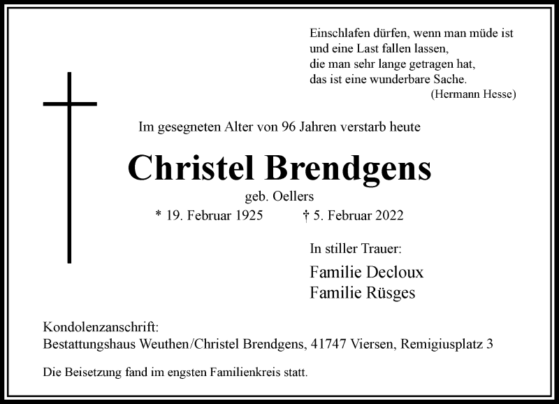  Traueranzeige für Christel Brendgens vom 12.02.2022 aus Rheinische Post